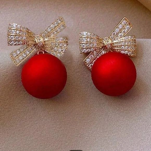 Elegant Rhinestone Studded Ball & Bow Earrings, Christmas earrings holiday - Picture 2 of 3